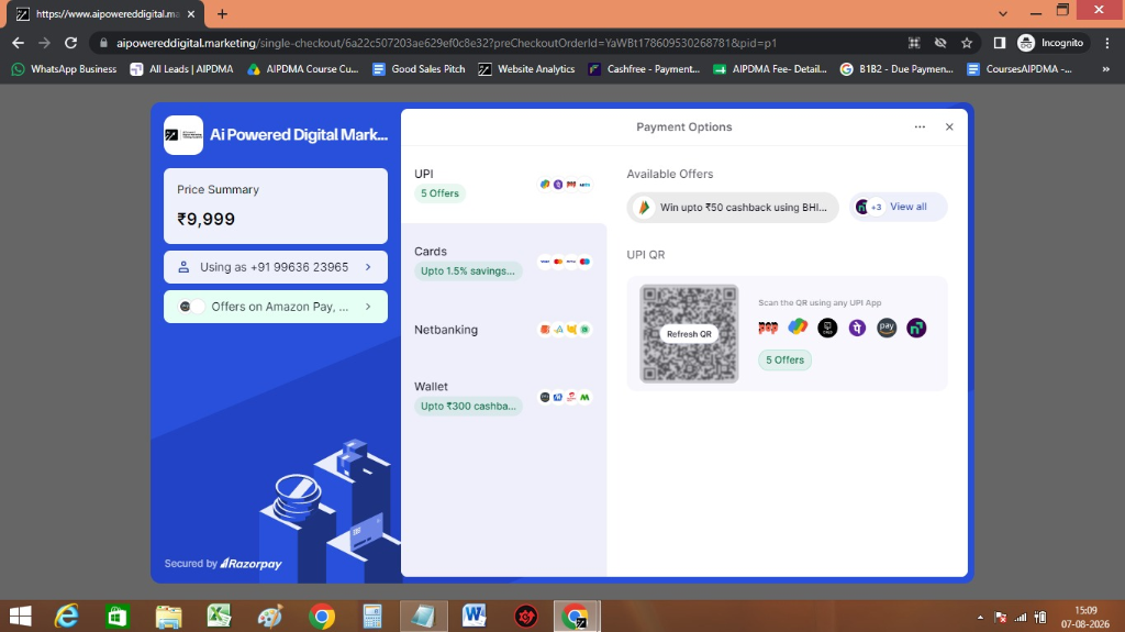 Razorpay Payment Gateway Modal with UPI QR Code and Payment Options